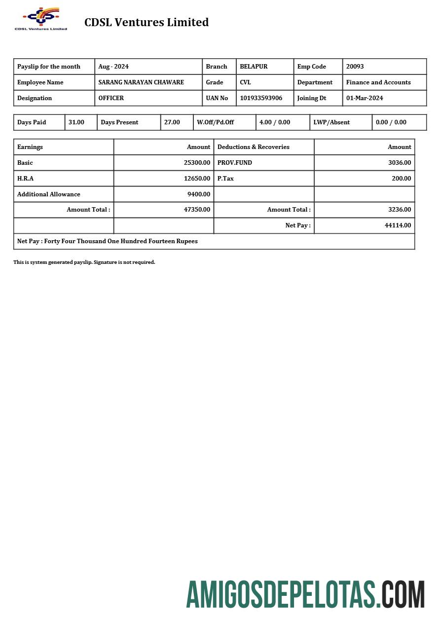 Para download Modelo de recibo de pagamento da CDSL Ventures Limited em formatos Word e PDF.pdf, 1